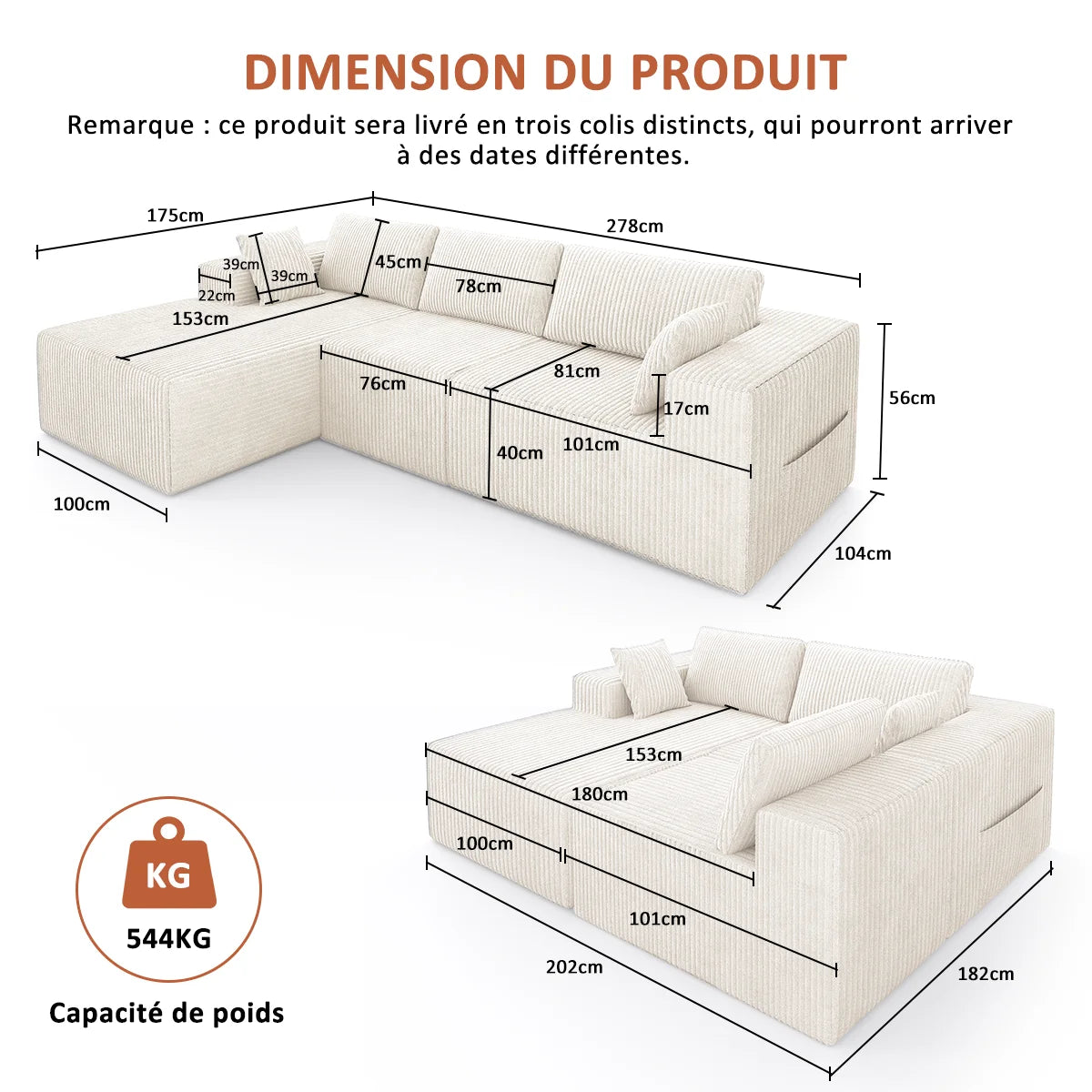 Le Cocon — Canapé d'angle compressé en velours côtelé 278 × 175 cm