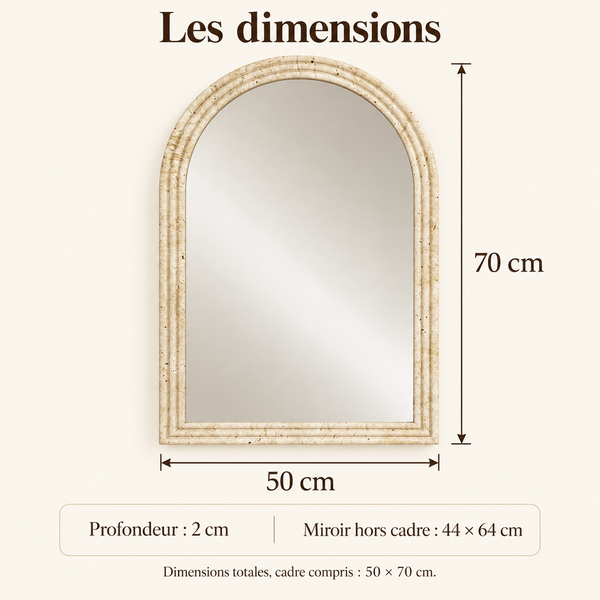 L’Arcade — Miroir mural arche beige effet pierre 50 × 70 cm