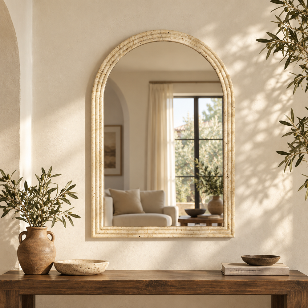 L’Arcade — Miroir mural arche beige effet pierre 50 × 70 cm