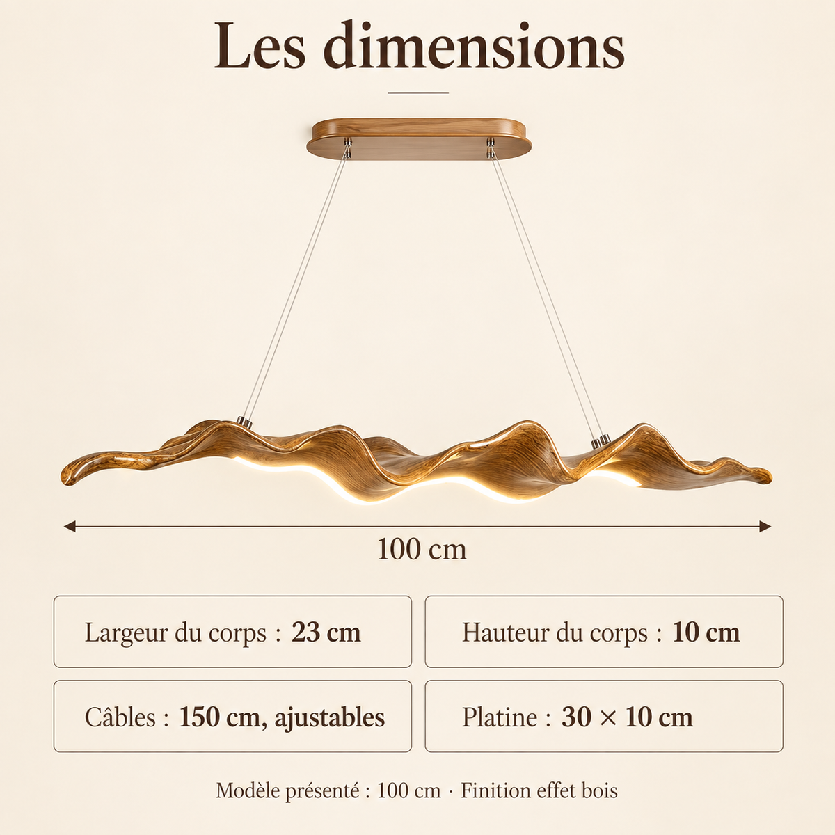Le Sillage — Suspension LED ondulée effet bois 100 cm