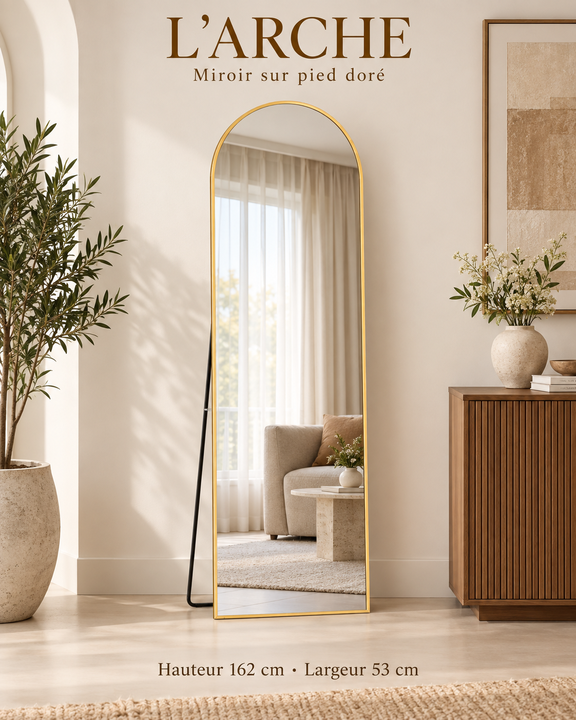L’Arche — Grand miroir sur pied doré 162 × 53 cm