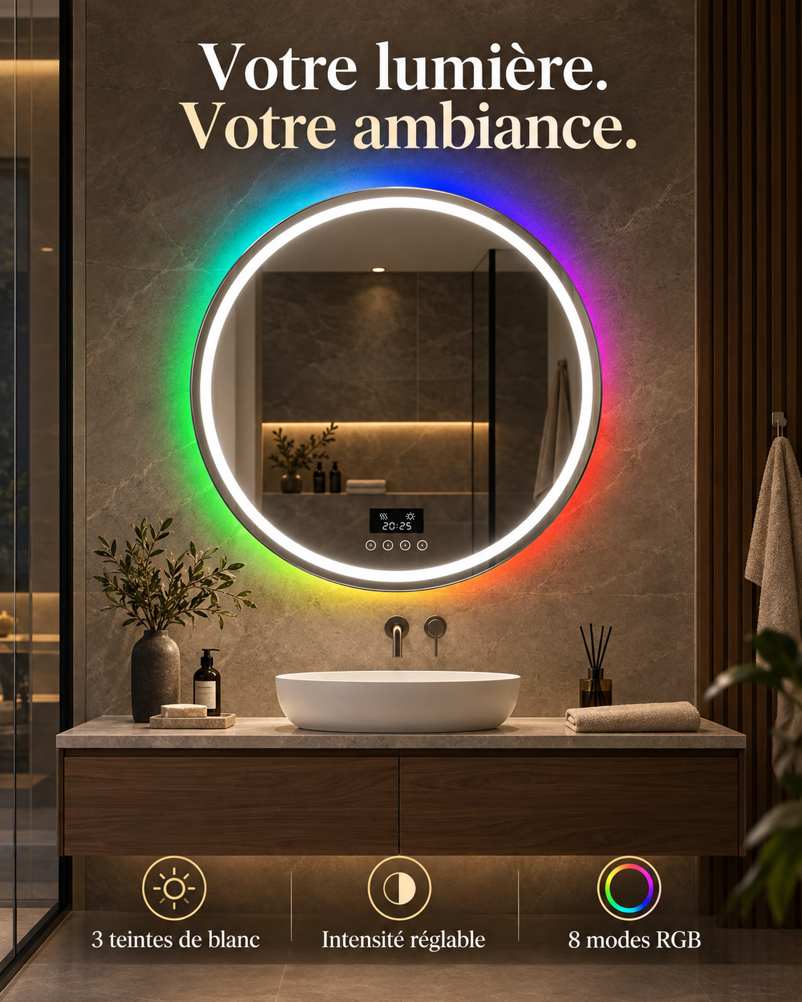 L’Aura — Miroir de salle de bain LED Bluetooth Ø 80 cm