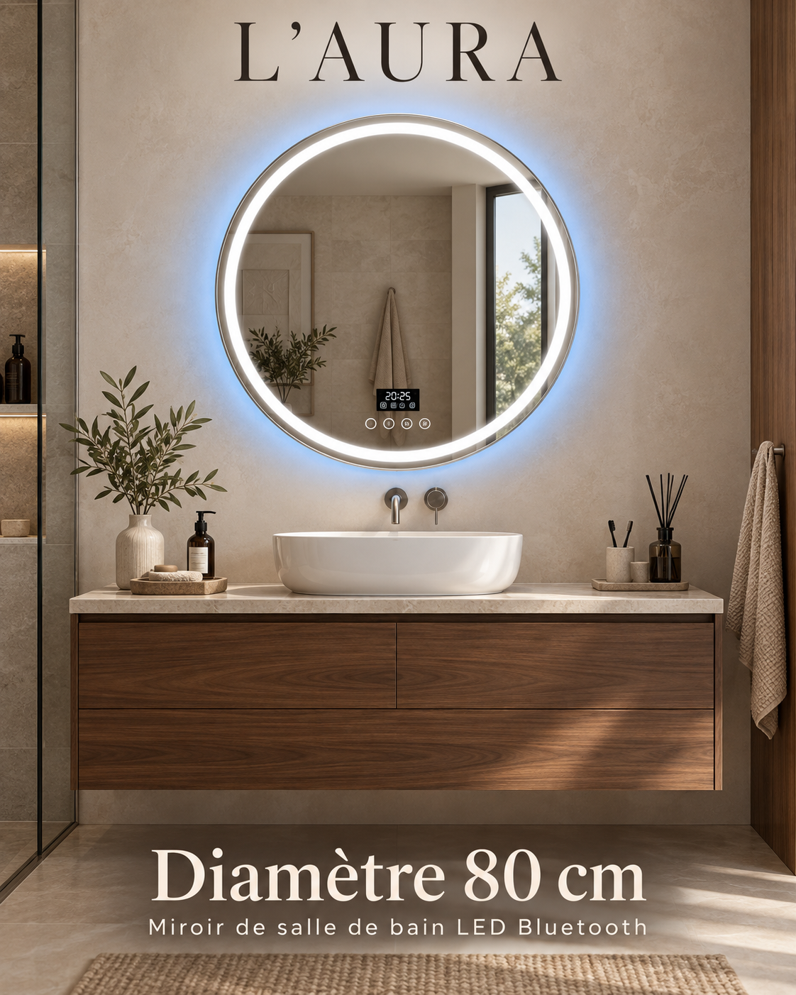 L’Aura — Miroir de salle de bain LED Bluetooth Ø 80 cm