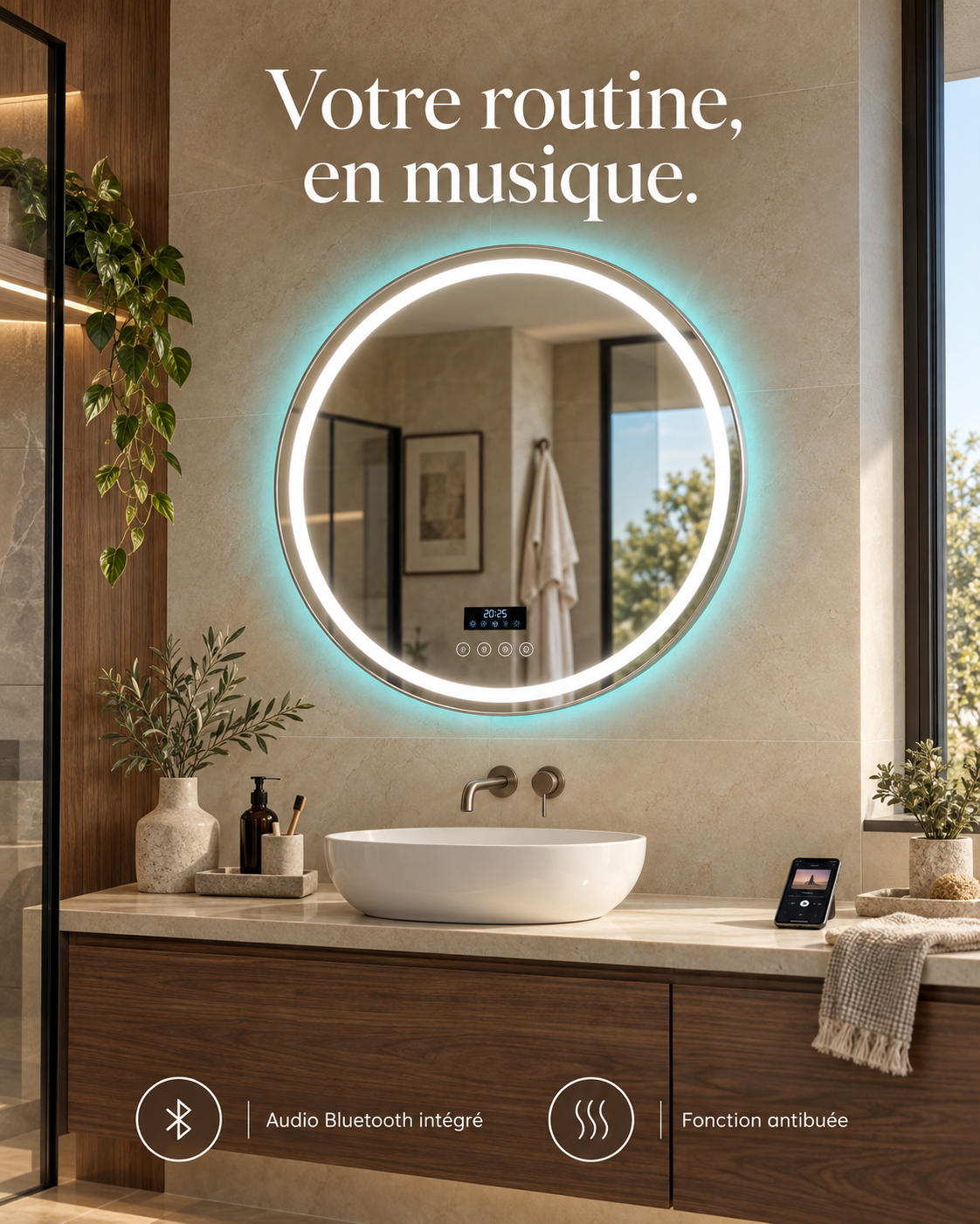 L’Aura — Miroir de salle de bain LED Bluetooth Ø 80 cm