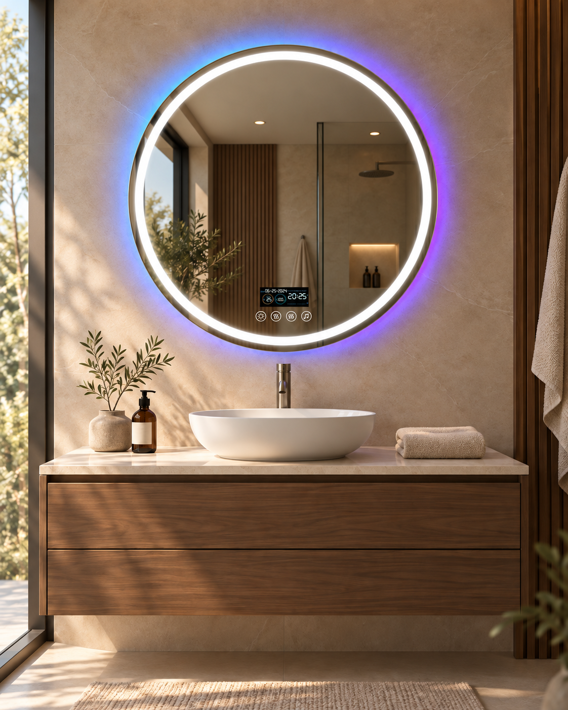 L’Aura — Miroir de salle de bain LED Bluetooth Ø 80 cm