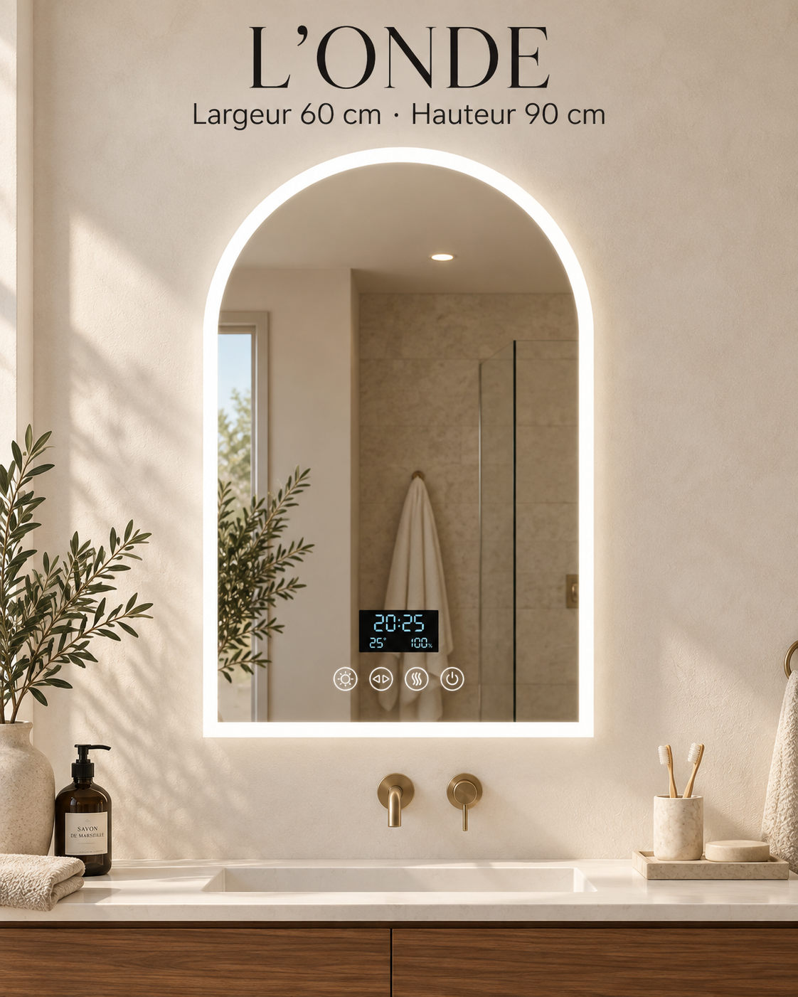 L’Onde — Miroir de salle de bain LED Bluetooth 60 × 90 cm