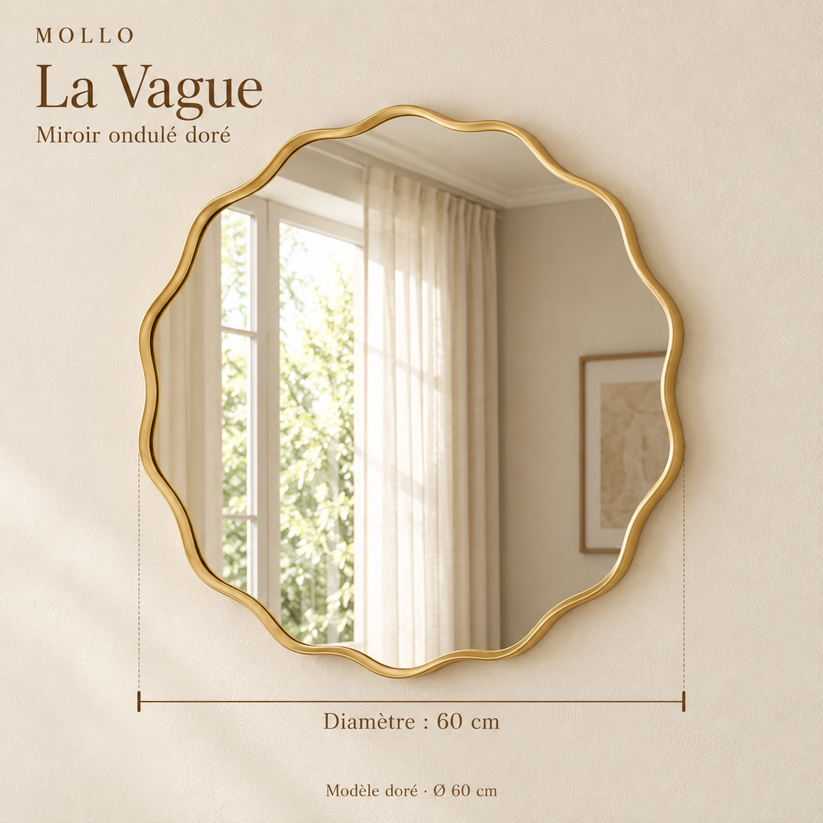 La Vague — Miroir mural ondulé doré Ø 60 cm