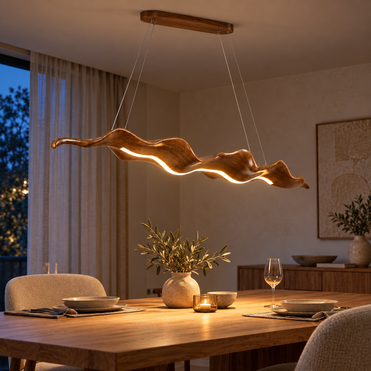 Le Sillage — Suspension LED ondulée effet bois 100 cm